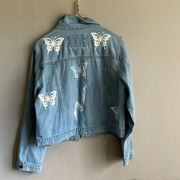 Women's Light Blue Denim Jacket with Butterfly Embroidery - Picture 8 of 11
